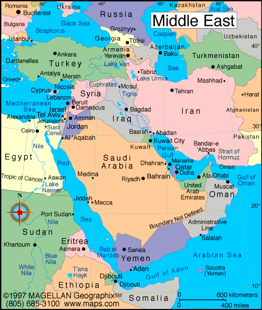 Map showing the location of Oman within the Middle East