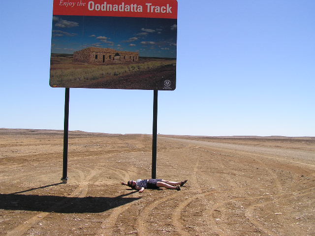 Katie dying at the start of the Oodnadatta Track, Marree, SA