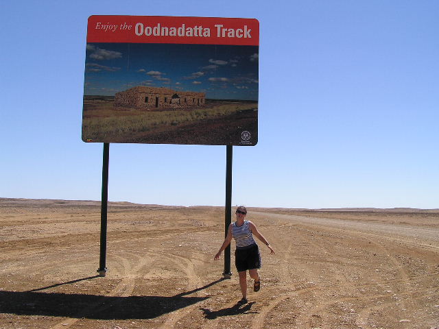 Katie at the start of the Oodnadatta Track, Marree, SA