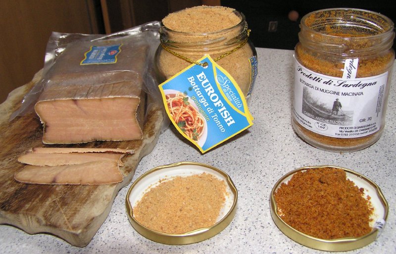 From left to right, Bottarga di Tonno from Sicily in pressed block form (I paid €20 for this block), then the same in granulated form (€8 for this bottle), and Bottarga di Muggine Macinata from Sardinia in granulated form (€8 for this bottle)